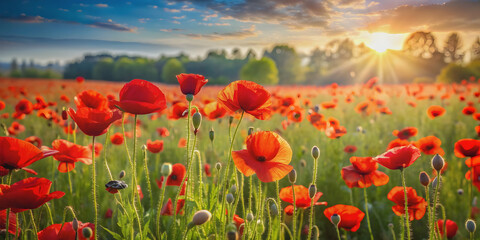 Red poppies blooming in a sunlit meadow, reminiscent of Claude Monet's impressionist paintings , red poppies, rays