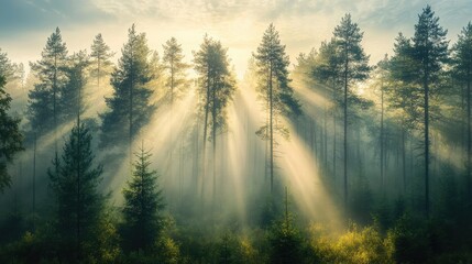 A misty forest in the early morning, with rays of sunlight breaking through the fog and illuminating the tall trees