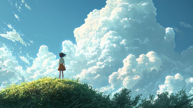 A young girl stands atop a hill, gazing at fluffy clouds in a vibrant blue sky.