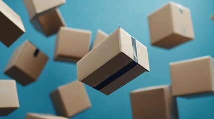 Cardboard boxes hover in mid-air against a vibrant blue backdrop, symbolizing the excitement of online shopping and efficient logistics in modern delivery systems