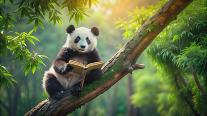 Obraz premium A cute panda reading a book while sitting on a tree branch, panda, book, reading, tree, branch, cute, black and white