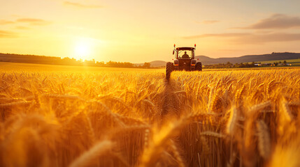 Fototapeta premium Farmers riding on a tractor through a golden wheat field, sunset glow illuminating the scene, harvest season, rural abundance