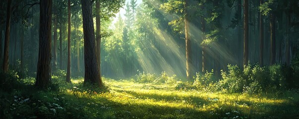 A peaceful forest scene with sunlight streaming through tall trees, casting dappled shadows on the forest floor