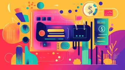 Obraz premium Vibrant abstract illustration featuring digital elements, charts, currency symbols, and colorful shapes in a modern design.
