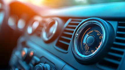 Close-up of a Car's Fuel Gauge with Orange Needle and Blue Interior