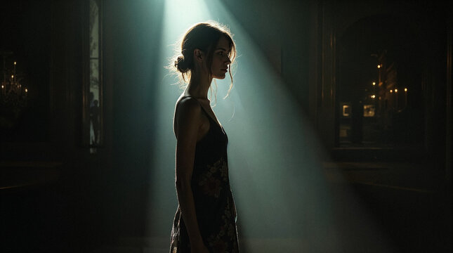 A graceful figure stands still, surrounded by soft light filtering through an elegant setting, evoking a sense of mystery and beauty in the atmosphere