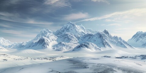 Fototapeta premium Panoramic view of snow mountains range landscape. Generative AI.