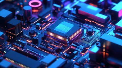 Obraz premium Vibrant close-up of a computer chip on a circuit board with glowing elements, showcasing advanced technology and intricate design.