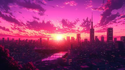Fototapeta premium Vibrant sunset over a futuristic city skyline with purple and pink hues.