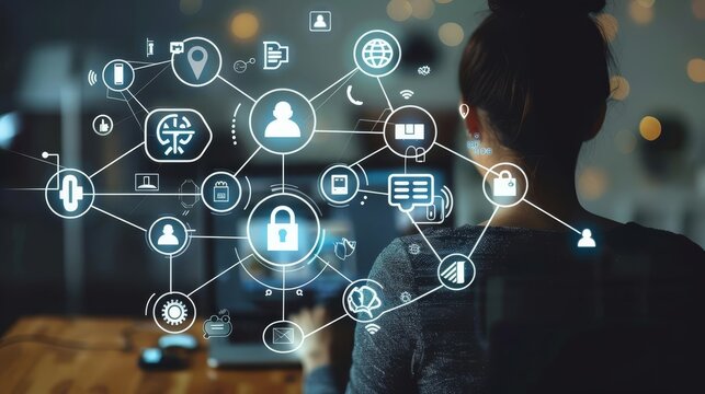 Online privacy protection concept with a person browsing the internet securely, surrounded by digital security icons with copy space