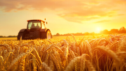 Fototapeta premium Farmers riding on a tractor through a golden wheat field, sunset glow illuminating the scene, harvest season, rural abundance