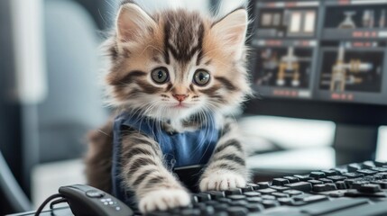 A playful kitten wearing a blue vest is curiously pawing at a computer keyboard. The modern office...