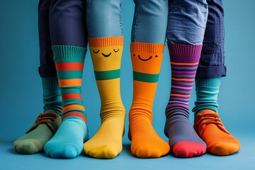 World Down syndrome day background. Down syndrome awareness concept. different socks. April Fool's Day, stupid socks. Odd Socks Day. Copy space