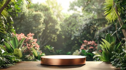 Empty golden podium in a lush green tropical garden with sunbeams.