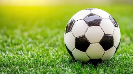 Fototapeta premium The soccer ball sits on lush green grass, illuminated by warm afternoon sunlight, creating an inviting ambiance for a spirited match