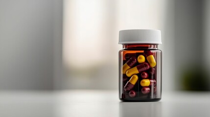 Pill Bottle with Yellow and Red Capsules on Minimalistic Background. Generative ai