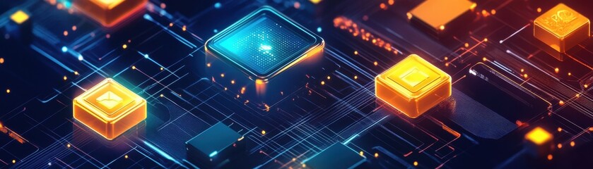 Fototapeta premium Vibrant digital background featuring abstract cubes and circuits, ideal for technology, innovation, and digital themes.
