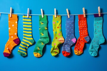 World Down syndrome day background. Down syndrome awareness concept. different socks. April Fool's Day, stupid socks. Odd Socks Day. Copy space