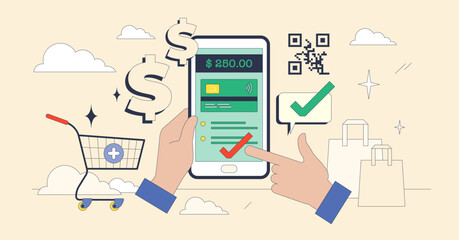 Digital wallets and online money storage system tiny neubrutalism concept. Paying for purchase using smart mobile payments and virtual credit card vector illustration. Modern bank system for shopping