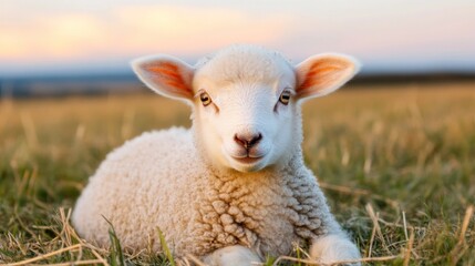 Obraz premium The young lamb relaxes on the lush green grass as the sun sets, creating a serene atmosphere. Its fluffy wool and bright eyes reflect the peacefulness of the countryside