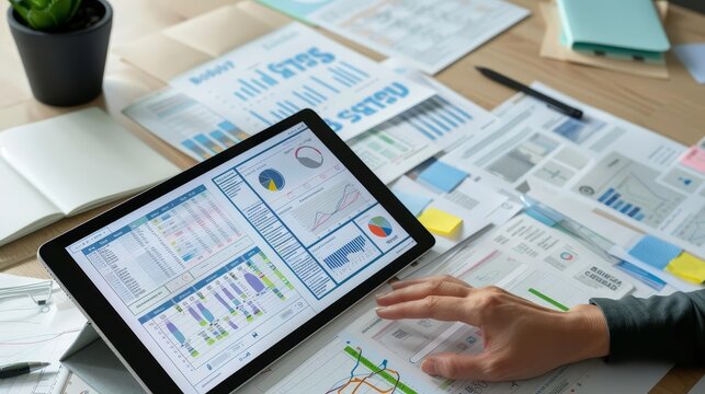 Personal finance planning with a person using a budgeting app on a tablet, surrounded by financial documents and notes with copy space