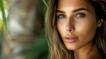 Fototapeta premium Close-up portrait of a beautiful woman with green eyes and long hair.