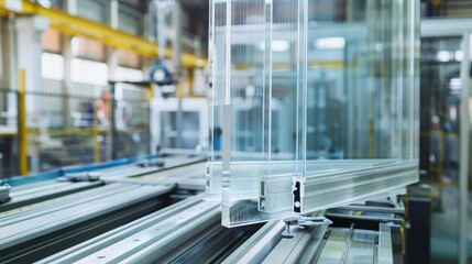 Close-up of a glass window being assembled on a production line in a factory.