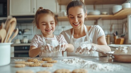 A mother and her young daughter are happily baking cookies, laughing as they sprinkle flour on the countertop while surrounded by baking utensils in their inviting kitchen