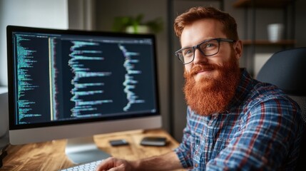 A man with a red beard and glasses sits at a workstation, engaging with code displayed on his computer screen in a bright, modern office filled with greenery