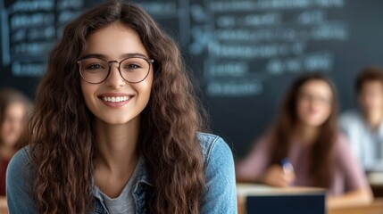 A young woman with long curly hair and glasses smiles bright, sitting in a lively classroom with other students engaged in learning, capturing a moment of joy and camaraderie