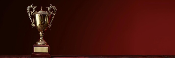 Recognition trophy in brass on a dark red backdrop With copy space