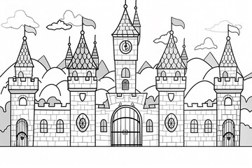 Obraz premium A whimsical black and white illustration of a fairytale castle, complete with towers and a clock, inviting creativity and imagination.