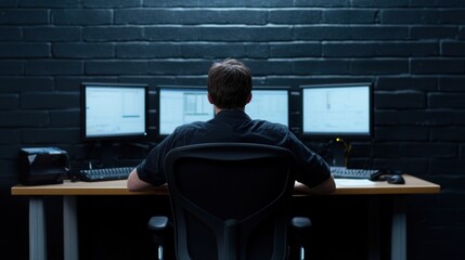 A focused individual sits at a wooden desk in a dark room, engaging with multiple computer screens filled with data and analytics, creating a productive atmosphere