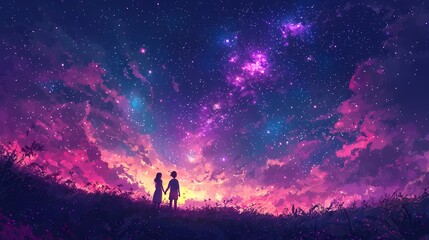 Fototapeta premium A couple holding hands under a stunning starry sky.