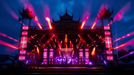 Festival stage showcasing Thai performers with festive lighting, with copy space
