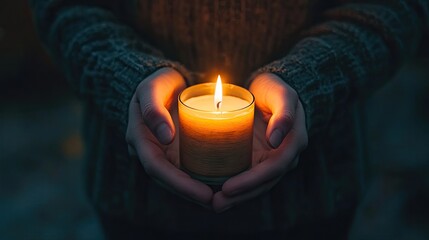 A person holding a candle in a dark room, remembering someone lost and grieving silently.