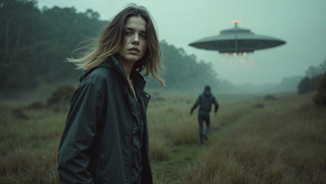 Amidst a foggy wilderness, a model stands uncertainly as an otherworldly UFO hovers nearby. A shadowy figure walks away, leaving her to confront the unknown
