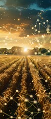 A breathtaking landscape at sunrise highlights golden fields and rows of crops bathed in soft light.