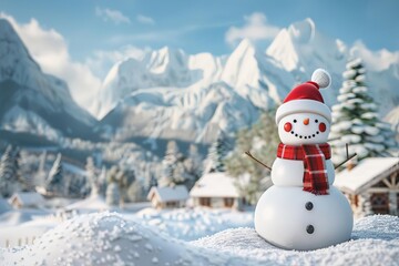 Fototapeta premium A cheerful snowman in a vibrant winter scene wears a red scarf and festive hat. Snow-capped mountains and cozy cabins create a nostalgic holiday atmosphere, perfect for seasonal promotions.