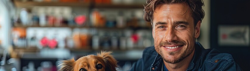 A cheerful young man in a cozy indoor setting shares a warm smile with an adorable small dog beside him. inviting background highlights the joy of companionship and home life.