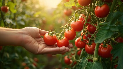 Hand picking ripe red tomatoes from a green vine in a garden