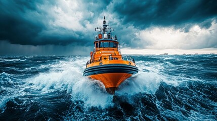 Rescue boat speeding through rough ocean waters under dark stormy skies