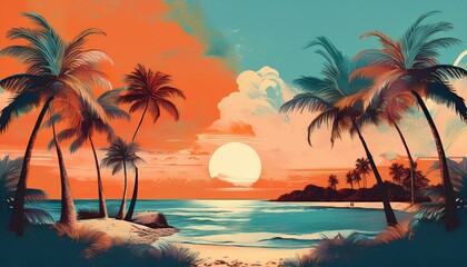 Obraz premium Tropical Sunset Dreams: A Vintage-Inspired Artistic Collage of Palm Trees and Beach Scenery