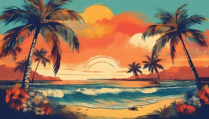 Obraz premium Tropical Sunset Dreams: A Vintage-Inspired Artistic Collage of Palm Trees and Beach Scenery