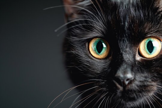 Close-up of a black cat with striking green eyes and a captivating gaze, perfect for themed photography or pet-related content.