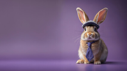 Fototapeta premium A bunny with a hat and tie on a banner with space for text with a purple background. easter holidays