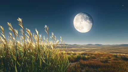 Lush grasslands under a bright full moon at night.
