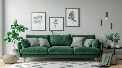 Fototapeta premium A modern living room features a rich green velvet sofa with light throw pillows, framed botanical prints, and lush indoor plants, creating a bright, inviting atmosphere.
