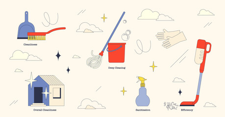 Home cleaning services for perfect hygiene tiny neubrutalism collection. Labeled elements with professional house sanitary service for cleanliness and property sanitization vector illustration.