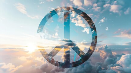 A serene image of a transparent peace symbol against a vibrant sky with fluffy clouds and warm sunlight, symbolizing hope and harmony. Ideal for themes of positivity and environmental awareness.